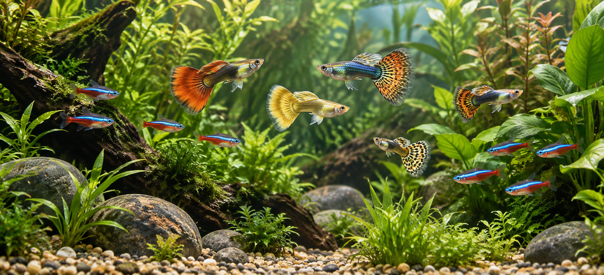 Colorful guppies and neon tetras swimming among freshwater aquarium plants.