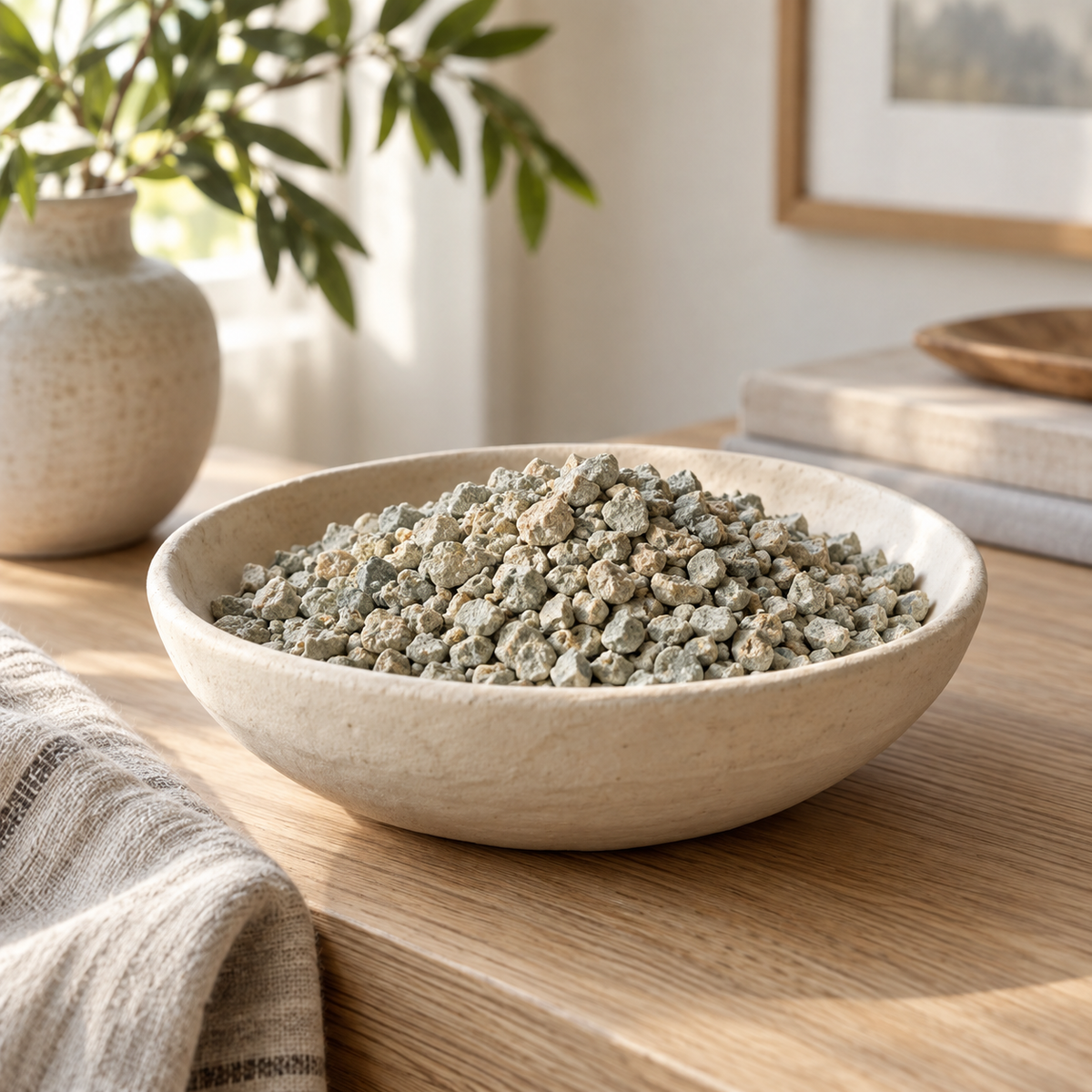 A shallow ceramic bowl of mineral chips on a wood console in a sunlit home.