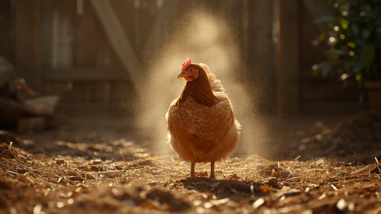 A brown backyard hen dust-bathing in dry earth with dust rising in warm sunlight