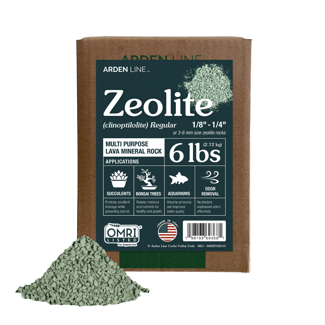 Arden Line Zeolite Regular soil amendment front packaging, clinoptilolite 1/8 to 1/4 inch