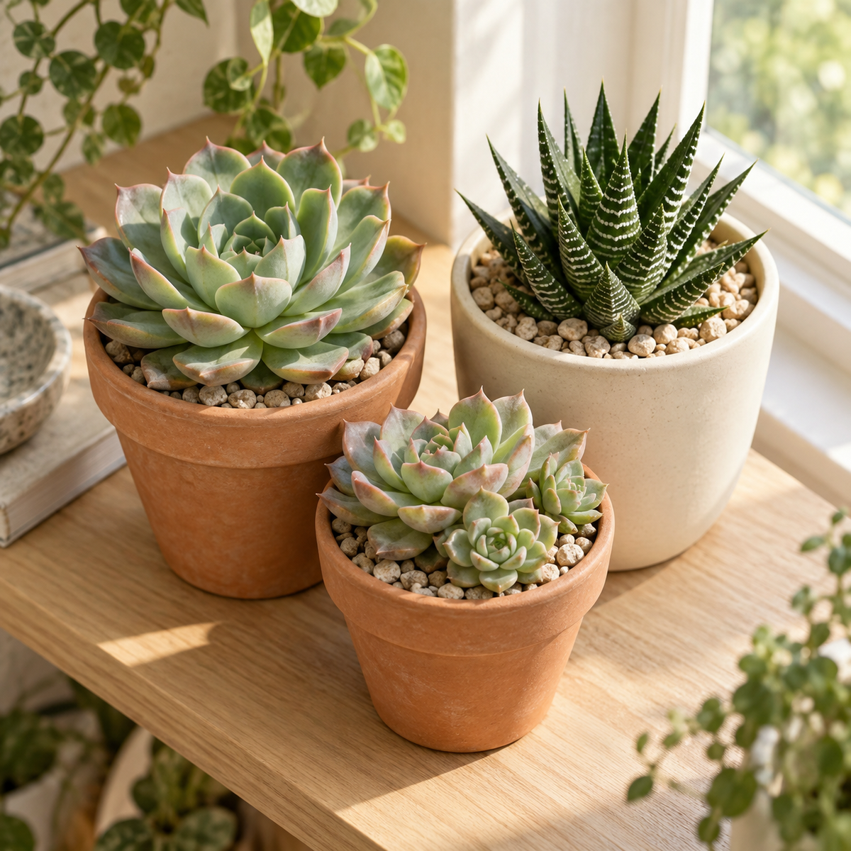 Succulents in terracotta and ceramic pots beside a sunny window.